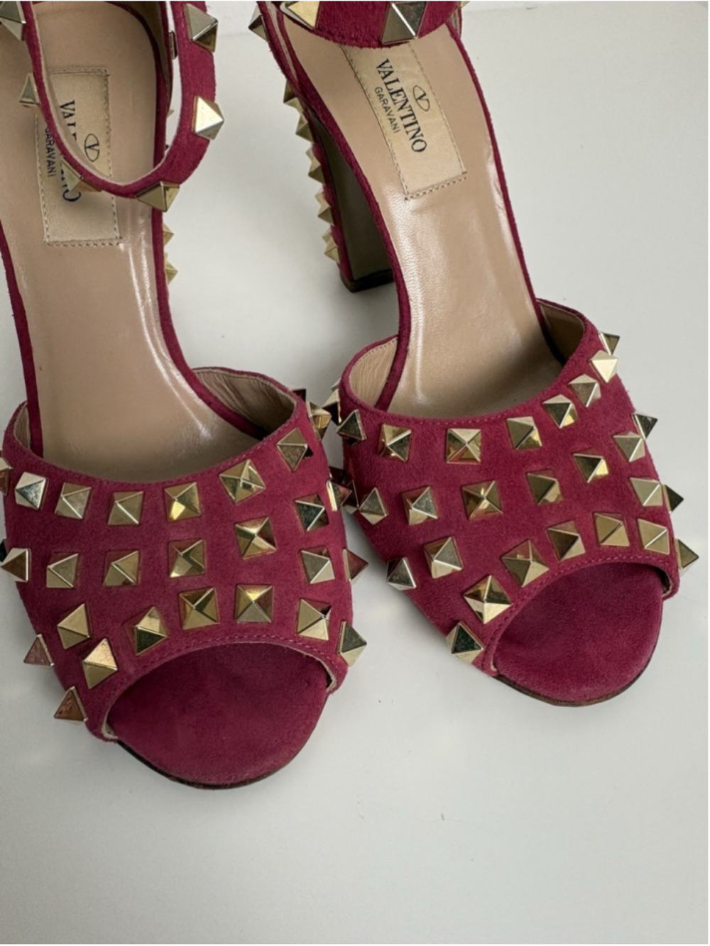 Valentino Garavani Rockstud Red Suede Ankle Strap Block Heel Sandals Pumps EU 36 - Picture 8 of 13